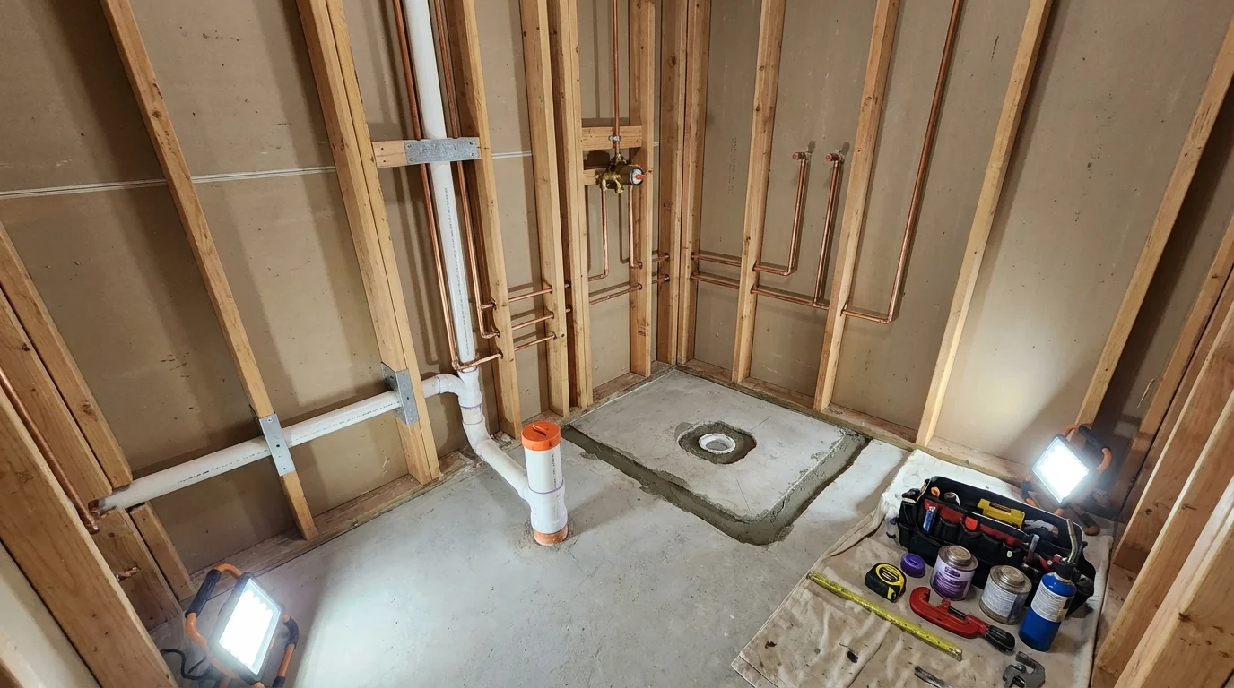 Bathroom rough-in plumbing during remodel by Johns Plumbing LLC in Moonachie