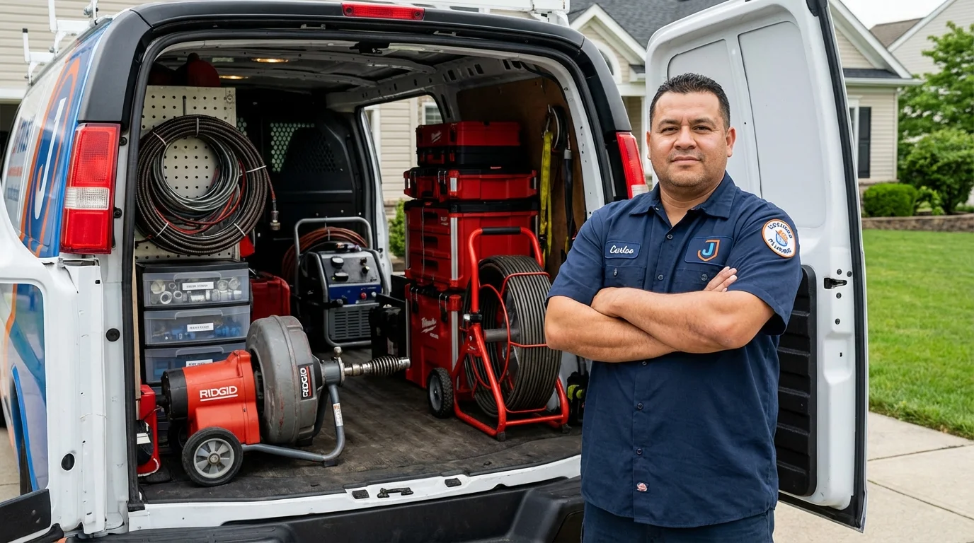 Professional drain cleaning equipment and Johns Plumbing LLC plumber in Moonachie