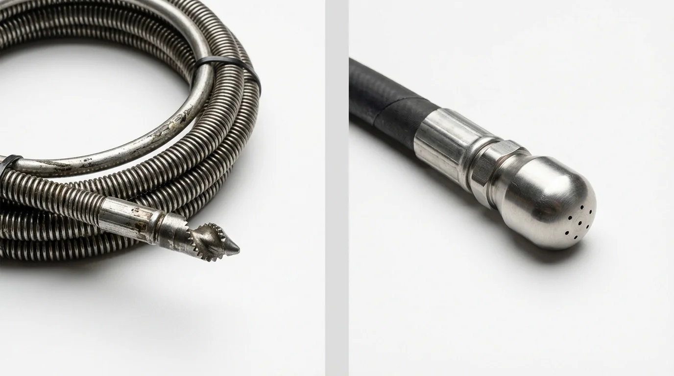 Drain snake cable and hydro jetting nozzle used for drain cleaning in Moonachie, NJ