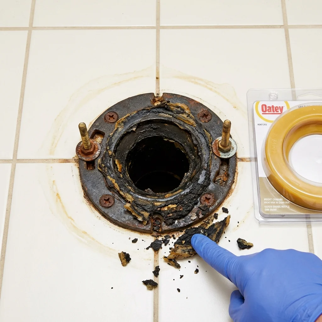 Failed wax ring showing water seepage at the base of a toilet in a Moonachie, NJ home