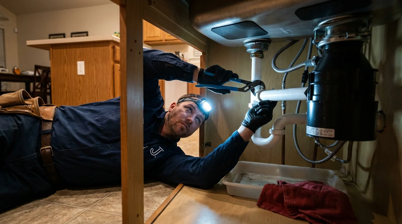 P-trap and supply line connections under a kitchen sink showing a common leak point in Moonachie, NJ